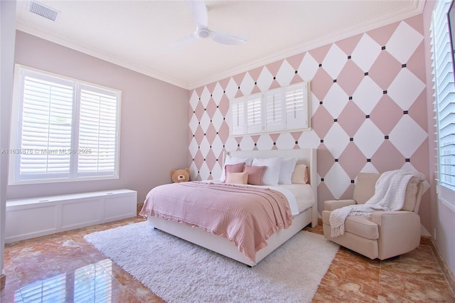 2941 Paddock Ln, Weston, FL 33331 - bedroom with an accent wall, crown molding, and ceiling fan