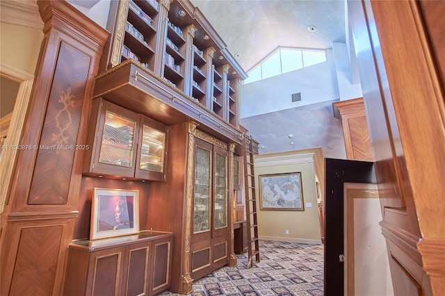 2941 Paddock Ln, Weston, FL 33331 - corridor featuring high vaulted ceiling, baseboards, and light colored carpet