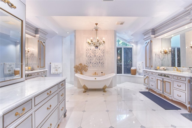 2941 Paddock Ln, Weston, FL 33331 - full bathroom with a chandelier, a freestanding bath, vanity, and recessed lighting