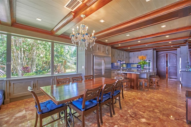 2941 Paddock Ln, Weston, FL 33331 - dining area with a chandelier, recessed lighting, and wooden ceiling with exposed beams