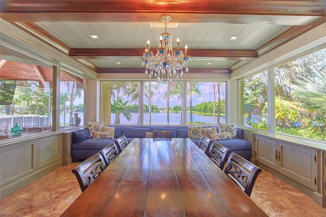 2941 Paddock Ln, Weston, FL 33331 - sunroom featuring a chandelier, a decorative wall, wooden ceiling with exposed beams, and a water view