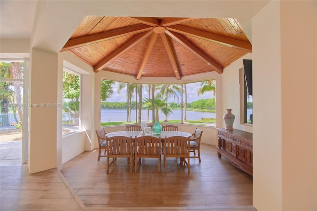 2941 Paddock Ln, Weston, FL 33331 - dining room with a water view, wooden ceiling, and wood finished floors