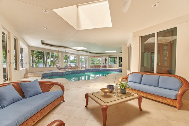 view of swimming pool featuring a skylight