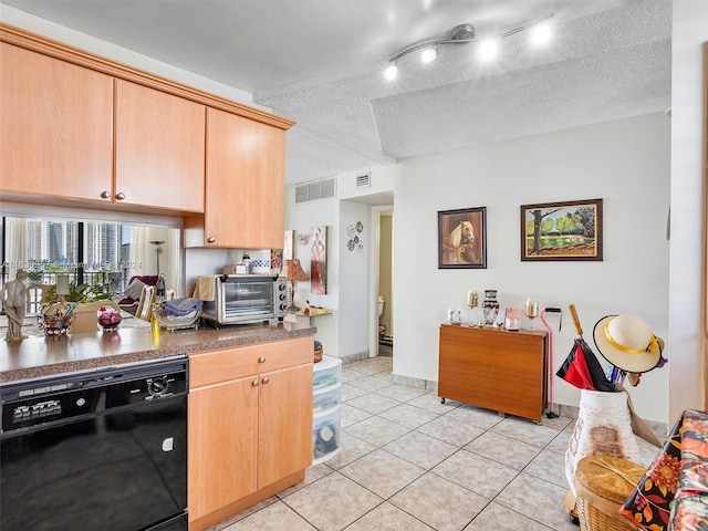 kitchen featuring black dishwasher, light brown cabinetry, a textured ceiling, and track lighting