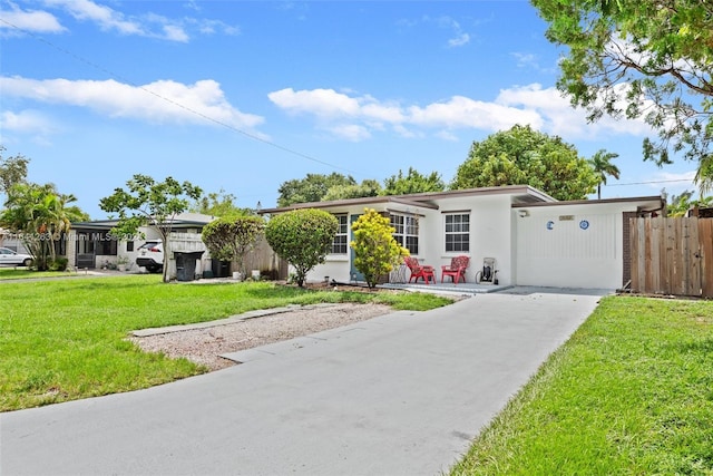 single story home featuring a front lawn, fence, and stucco siding