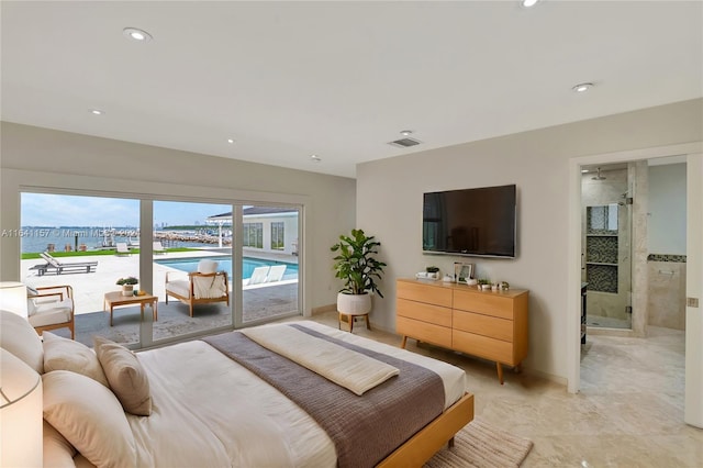 200 Harbor Dr, Key Biscayne, FL 33149 - bedroom with access to outside, recessed lighting, a water view, and connected bathroom