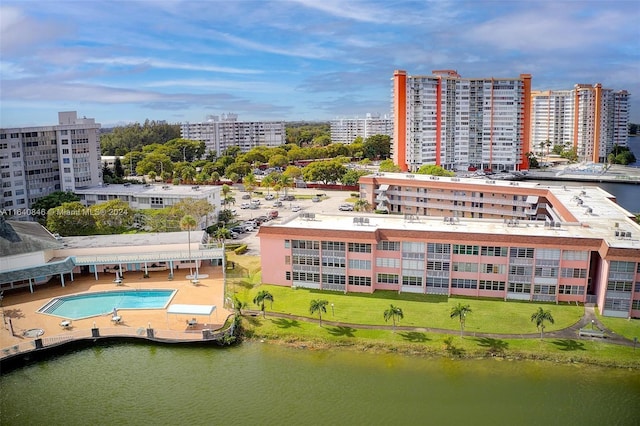 drone / aerial view with a water view