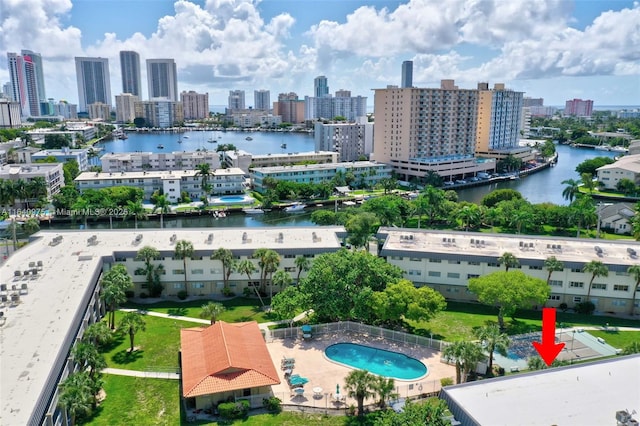 bird's eye view with a water view