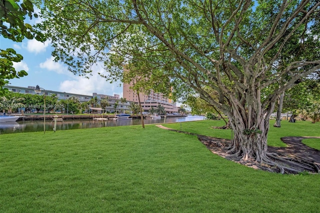 view of yard with a water view