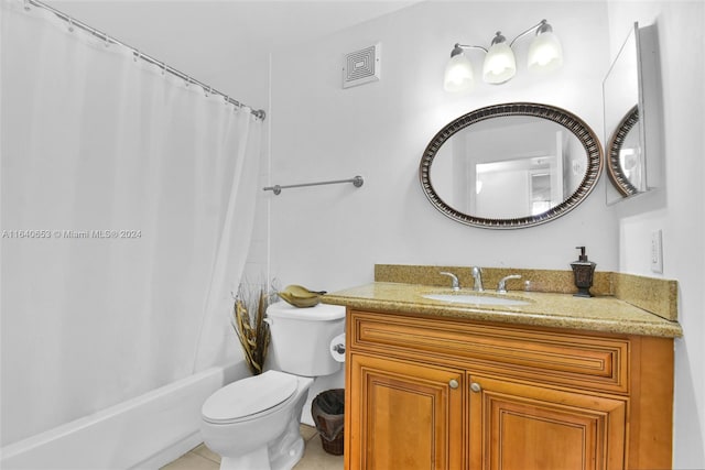 full bathroom with vanity, toilet, shower / tub combo, and tile patterned flooring