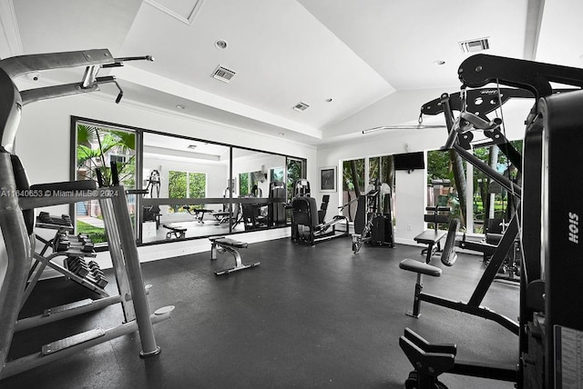 exercise room with lofted ceiling