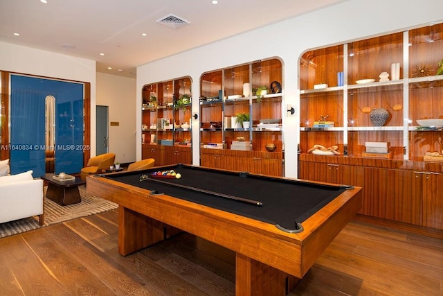 recreation room with recessed lighting, visible vents, wood finished floors, and pool table