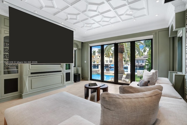 168 Fiesta Way, Fort Lauderdale, FL 33301 - living area featuring ornamental molding, coffered ceiling, light wood-type flooring, and french doors