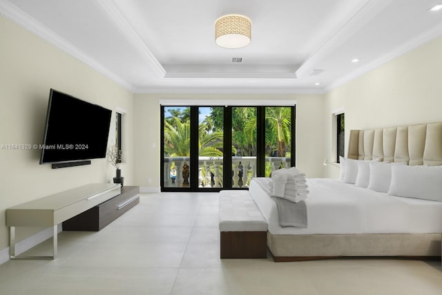 tiled bedroom with access to outside, a tray ceiling, and crown molding