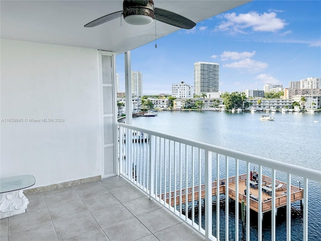 balcony featuring ceiling fan and a water view