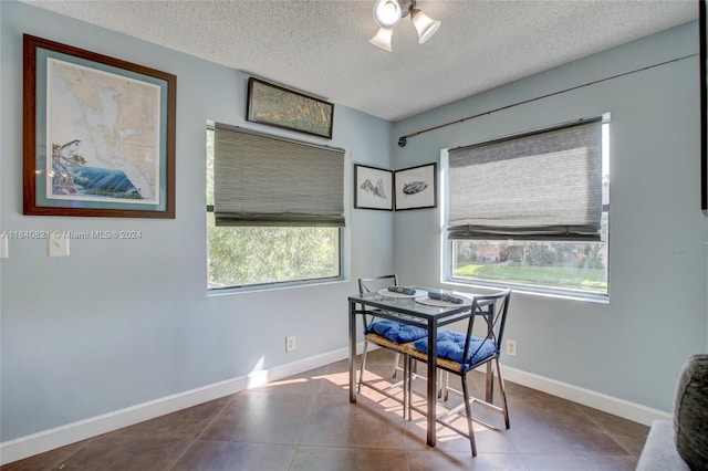 dining room with a textured ceiling, plenty of natural light, and tile patterned flooring