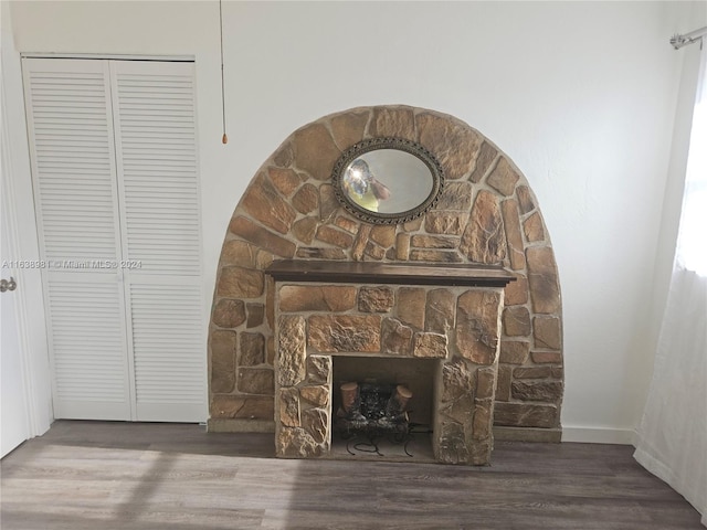 room details featuring a fireplace and wood-type flooring