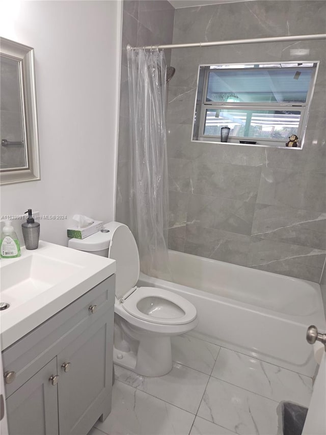 full bathroom with toilet, shower / bath combination with curtain, tile patterned floors, and vanity