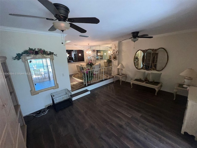 living area with ceiling fan with notable chandelier, dark wood-style flooring, visible vents, and crown molding