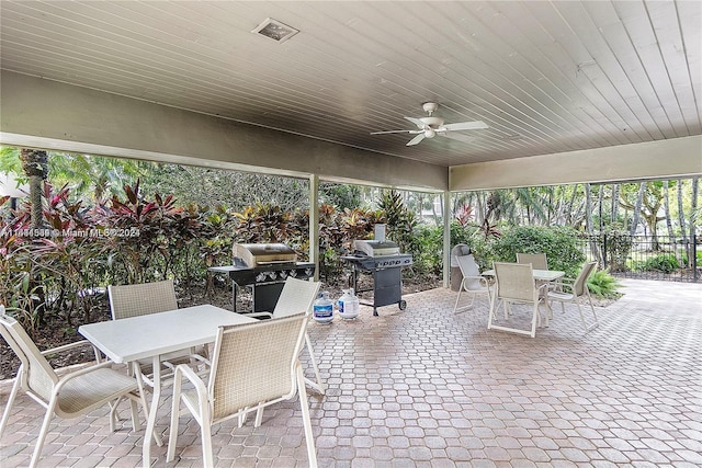 sunroom / solarium with ceiling fan and wooden ceiling