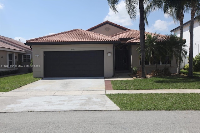 18022 SW 12th Ct, Pembroke Pines, FL 33029 - mediterranean / spanish house featuring a tile roof, stucco siding, concrete driveway, a garage, and a front lawn