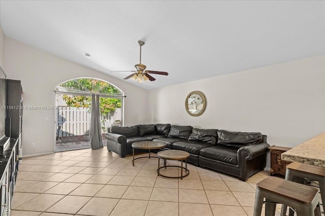 18022 SW 12th Ct, Pembroke Pines, FL 33029 - living area featuring a ceiling fan, light tile patterned floors, and lofted ceiling