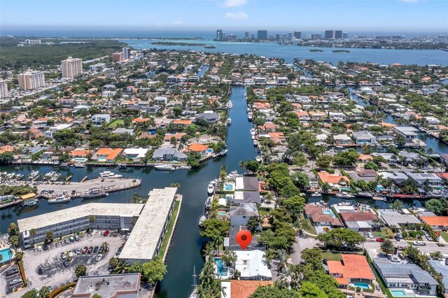 aerial view featuring a water view