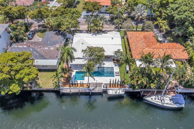 birds eye view of property featuring a water view