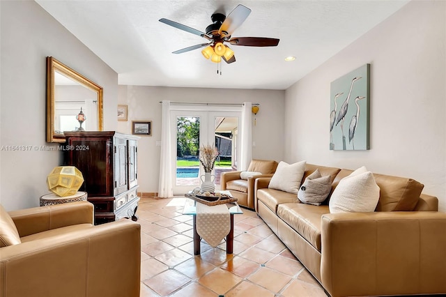 tiled living room featuring ceiling fan