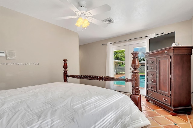 bedroom featuring access to outside, light tile patterned flooring, and ceiling fan