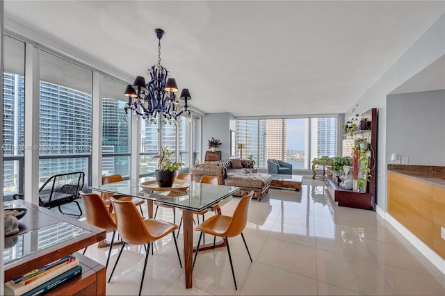 tiled dining space with expansive windows and a notable chandelier