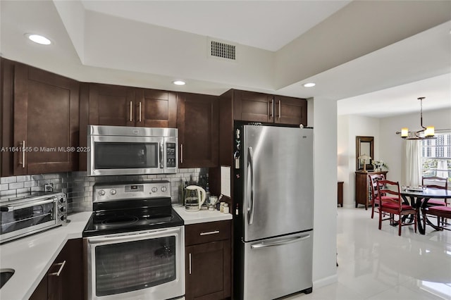 kitchen with dark brown cabinets, stainless steel appliances, hanging light fixtures, and backsplash