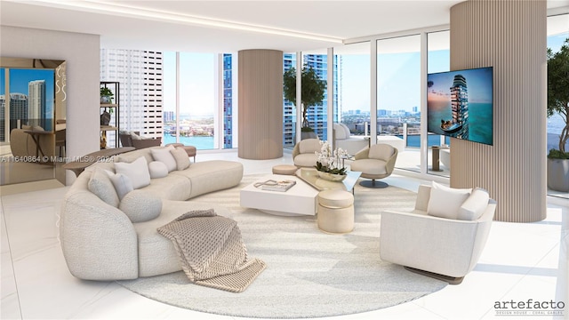 living room with tile patterned flooring, plenty of natural light, and expansive windows