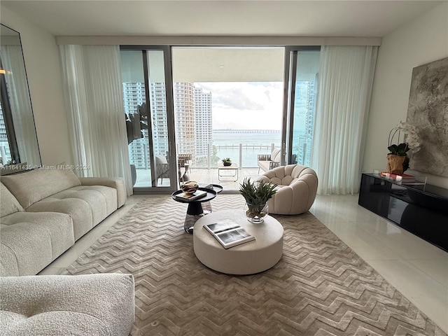 living room featuring a water view