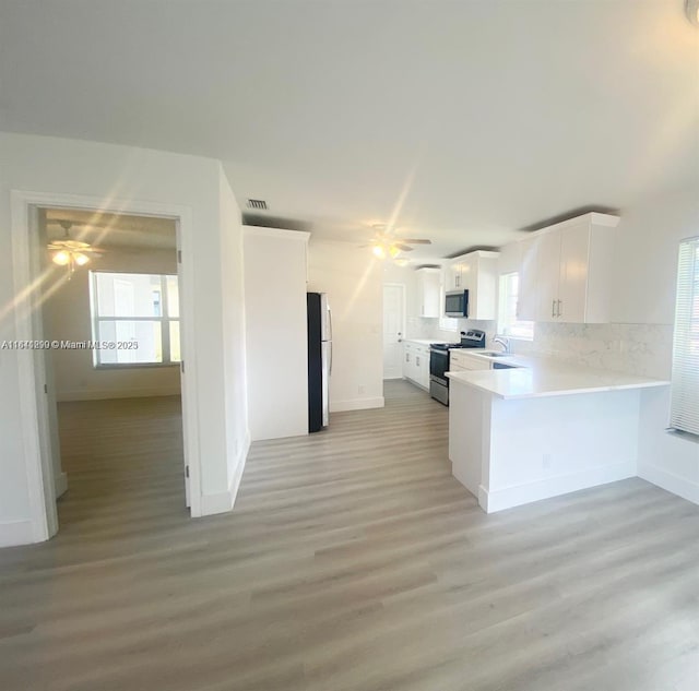 1005 NE 2nd St, Hallandale Beach, FL 33009 - kitchen featuring a ceiling fan, range with electric stovetop, light wood-type flooring, stainless steel microwave, and freestanding refrigerator