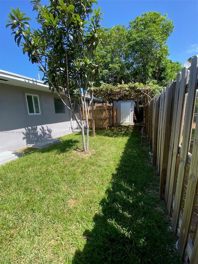 view of yard featuring a storage unit