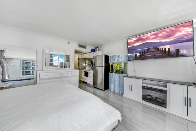 bedroom with light tile patterned floors, crown molding, and stainless steel fridge