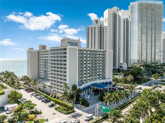 view of building exterior with a water view