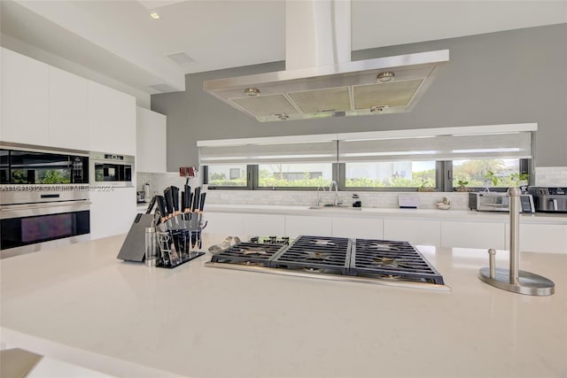 16768 Natures Way, Weston, FL 33326 - kitchen featuring stainless steel appliances, island exhaust hood, a sink, decorative backsplash, and white cabinets