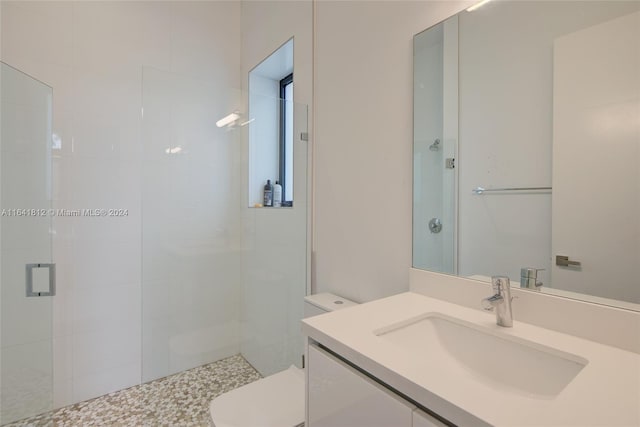 bathroom with vanity, a tile shower, and toilet