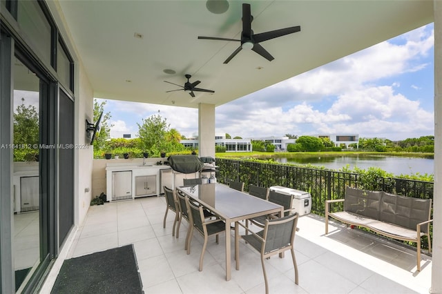 view of patio / terrace featuring ceiling fan and a water view