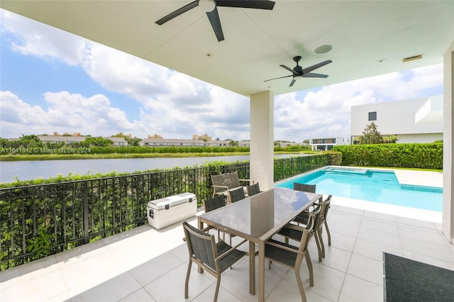 view of patio with ceiling fan, a water view, and a fenced in pool