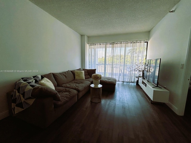 living area with a textured ceiling and wood finished floors