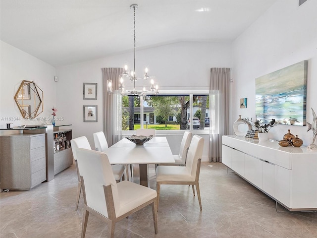 dining space with lofted ceiling, visible vents, and an inviting chandelier