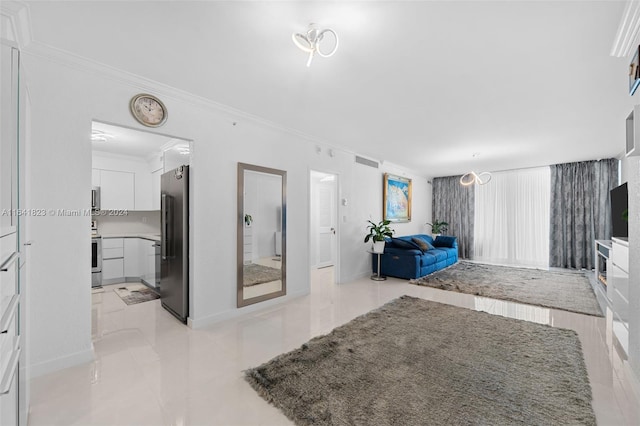 tiled bedroom featuring crown molding and stainless steel fridge