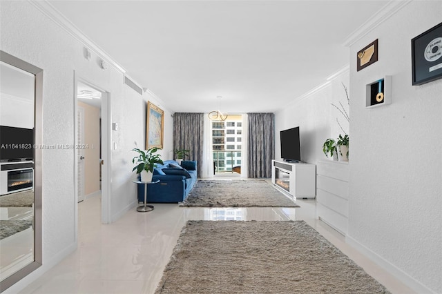 corridor with crown molding and light tile patterned floors