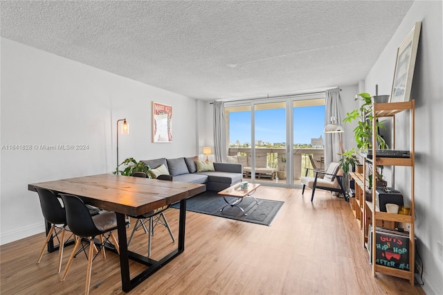 living room with a textured ceiling and light hardwood / wood-style floors