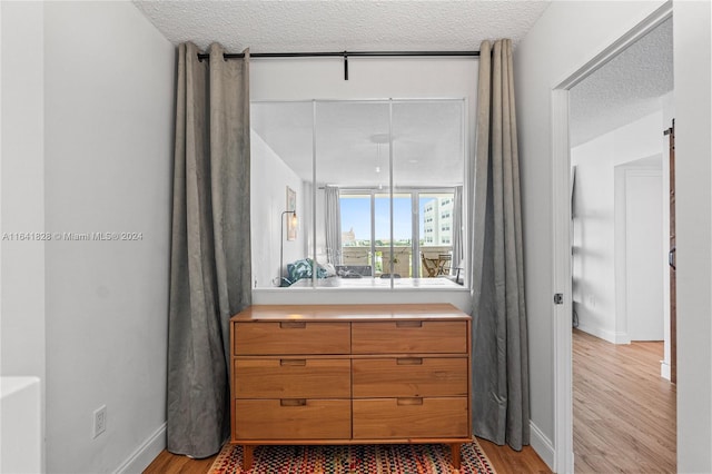 interior space with hardwood / wood-style flooring, a textured ceiling, and vanity