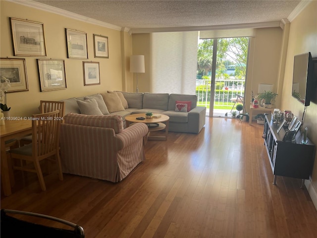 living room featuring wood-type flooring, a textured ceiling, and ornamental molding