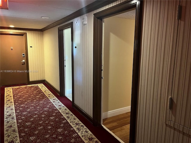 hall featuring crown molding and dark hardwood / wood-style floors